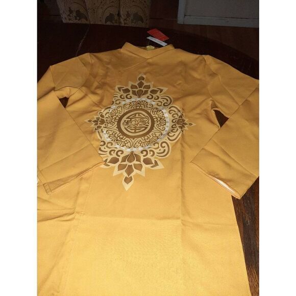 New Medium Vietnamese AoDai Long Sleeve High Neck Side Slit Dress Yellow Gold - Picture 2 of 6